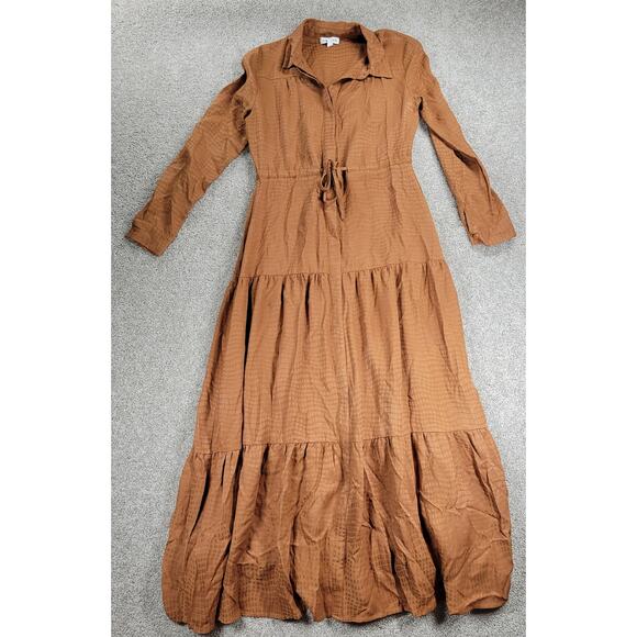 Harper Tiered Shirt Dress Womens XS Brown Embossed Animal Print Button Down Maxi - Picture 11 of 16